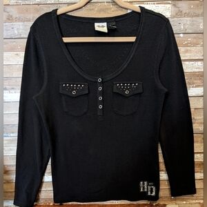 Harley Davidson Black Thermal Waffle Long Sleeve W Embellishments